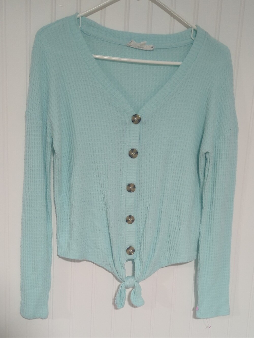 Light Aqua Waffle Knit Button-Front Top